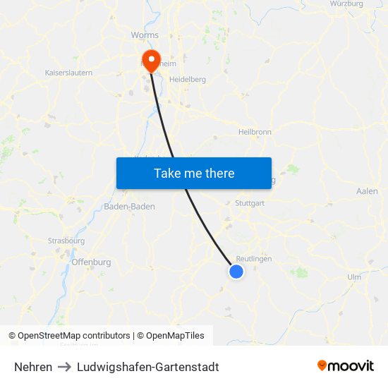 Nehren to Ludwigshafen-Gartenstadt map