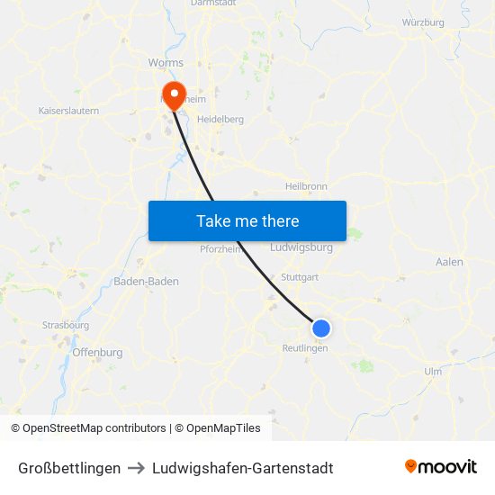 Großbettlingen to Ludwigshafen-Gartenstadt map