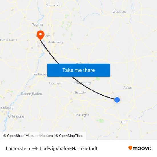 Lauterstein to Ludwigshafen-Gartenstadt map