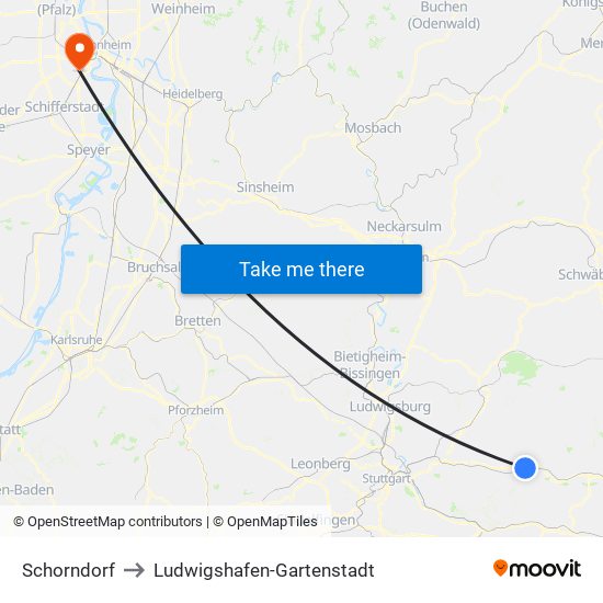 Schorndorf to Ludwigshafen-Gartenstadt map