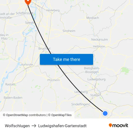 Wolfschlugen to Ludwigshafen-Gartenstadt map