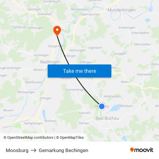 Moosburg to Gemarkung Bechingen map