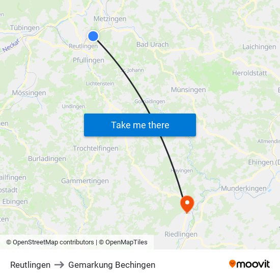 Reutlingen to Gemarkung Bechingen map