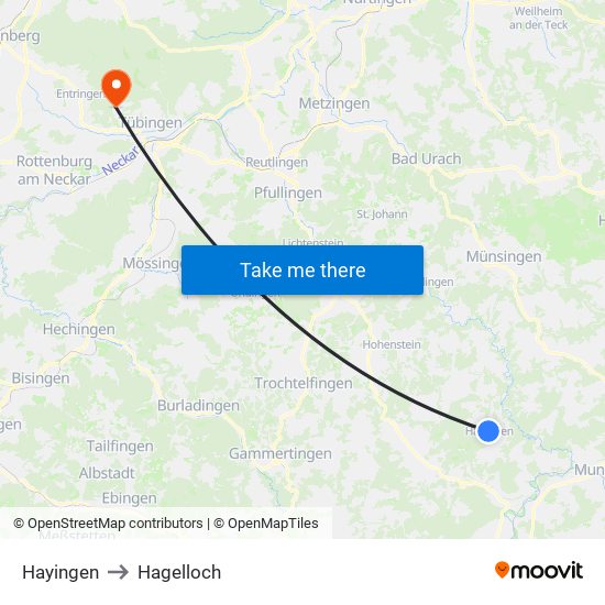 Hayingen to Hagelloch map