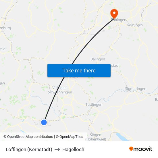 Löffingen (Kernstadt) to Hagelloch map