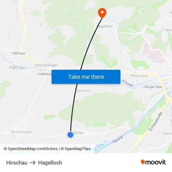 Hirschau to Hagelloch map