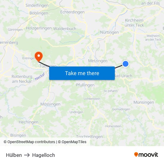 Hülben to Hagelloch map