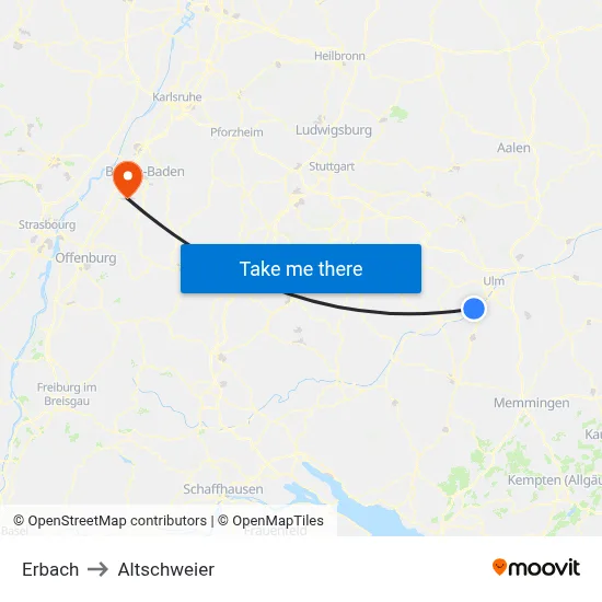 Erbach to Altschweier map