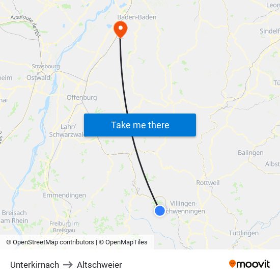 Unterkirnach to Altschweier map