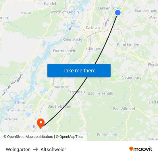 Weingarten to Altschweier map