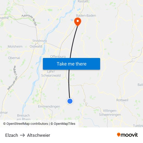 Elzach to Altschweier map