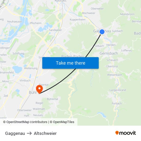 Gaggenau to Altschweier map