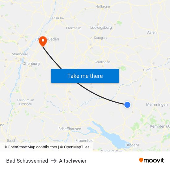 Bad Schussenried to Altschweier map