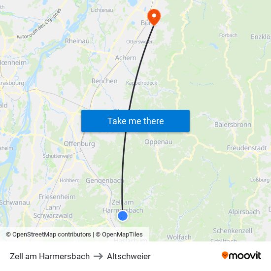 Zell am Harmersbach to Altschweier map