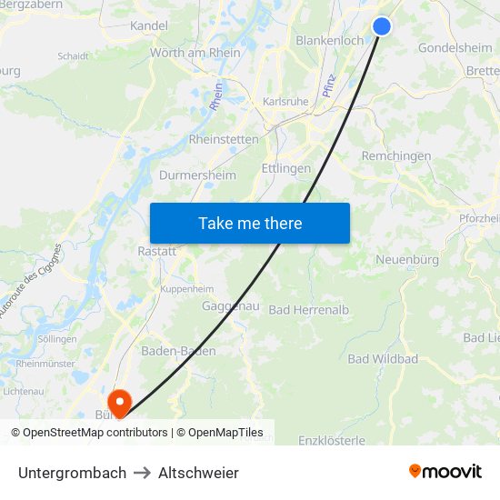 Untergrombach to Altschweier map