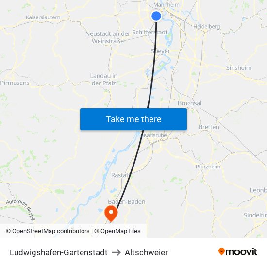 Ludwigshafen-Gartenstadt to Altschweier map