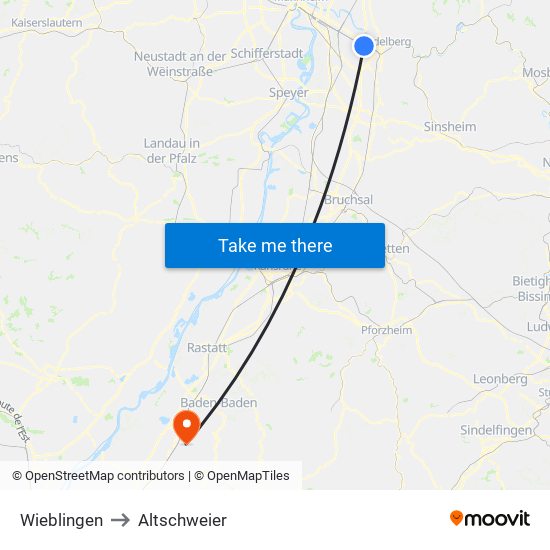 Wieblingen to Altschweier map