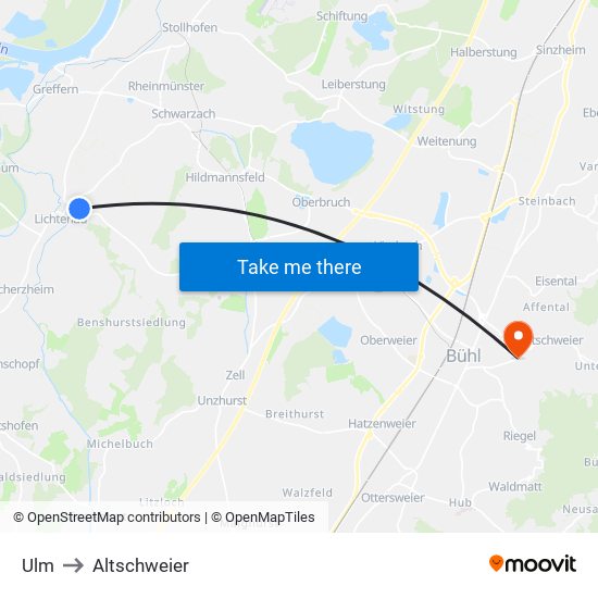 Ulm to Altschweier map