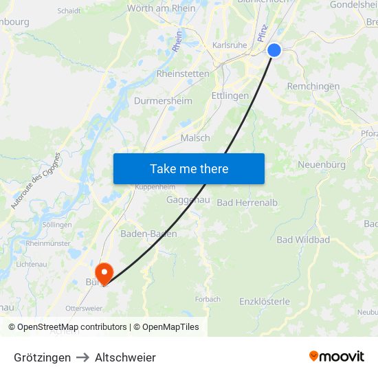 Grötzingen to Altschweier map