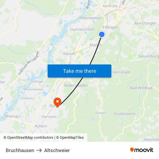 Bruchhausen to Altschweier map