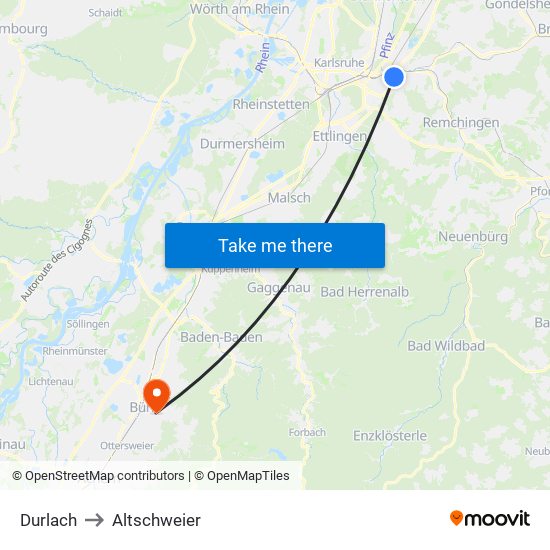 Durlach to Altschweier map