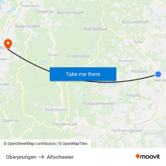 Oberjesingen to Altschweier map