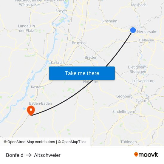 Bonfeld to Altschweier map