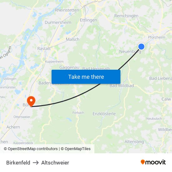 Birkenfeld to Altschweier map