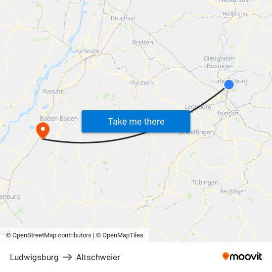 Ludwigsburg to Altschweier map