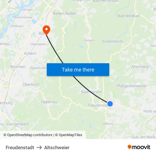 Freudenstadt to Altschweier map