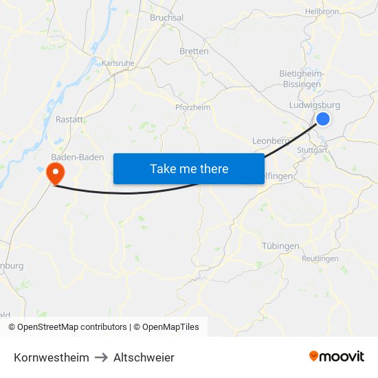 Kornwestheim to Altschweier map