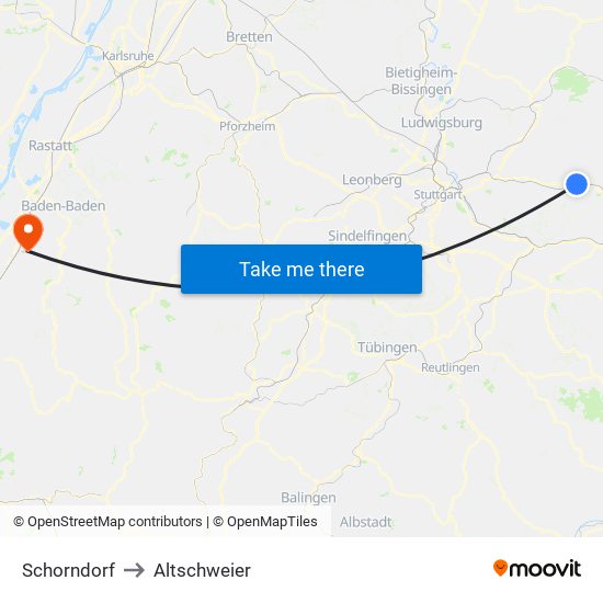 Schorndorf to Altschweier map