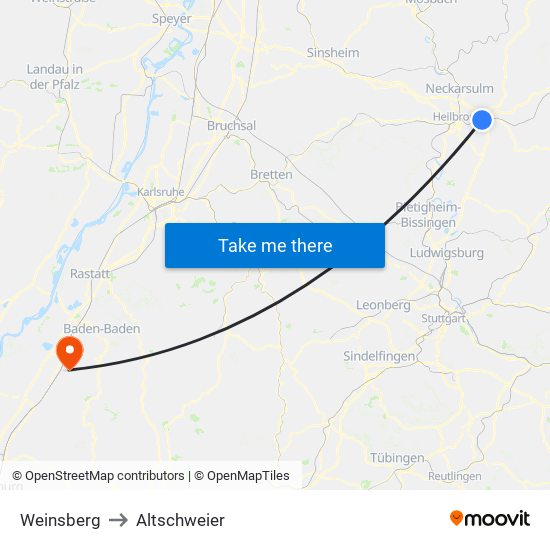 Weinsberg to Altschweier map