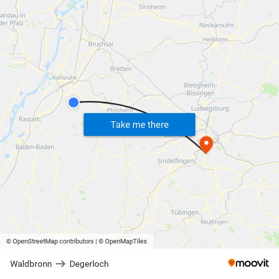 Waldbronn to Degerloch map