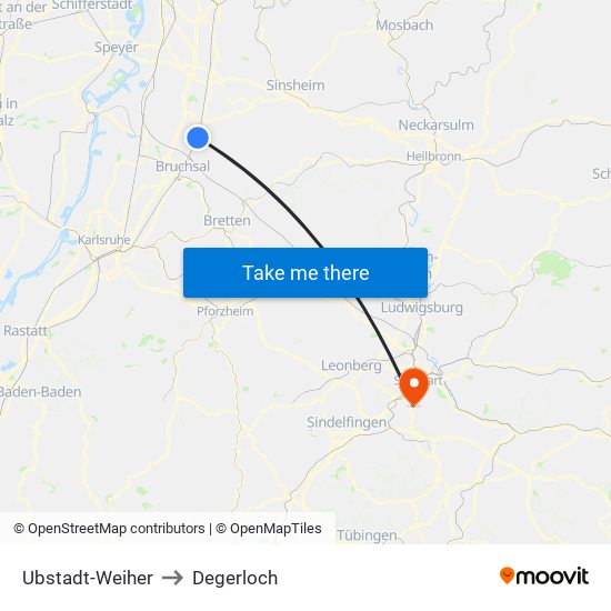 Ubstadt-Weiher to Degerloch map