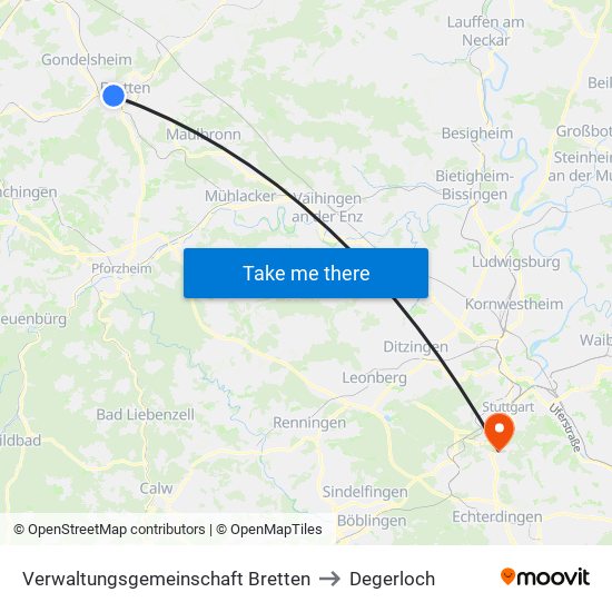 Verwaltungsgemeinschaft Bretten to Degerloch map