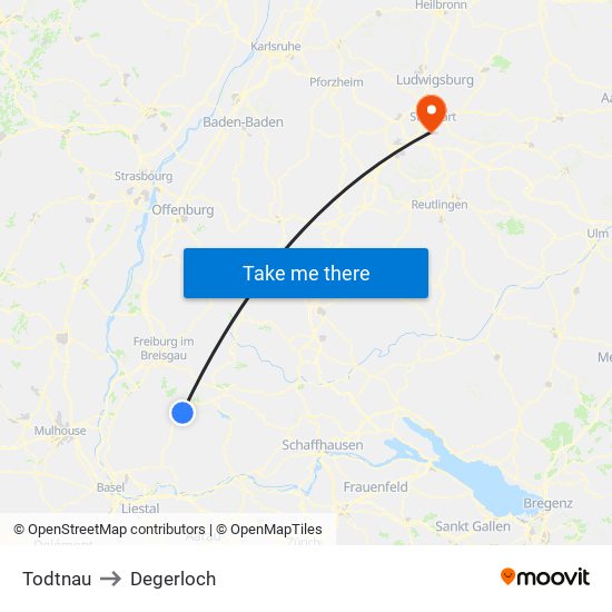 Todtnau to Degerloch map