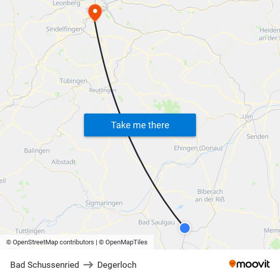 Bad Schussenried to Degerloch map