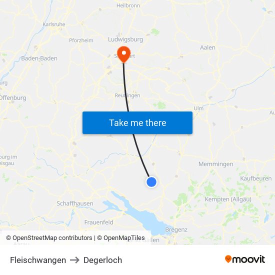 Fleischwangen to Degerloch map