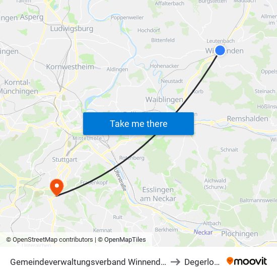 Gemeindeverwaltungsverband Winnenden to Degerloch map