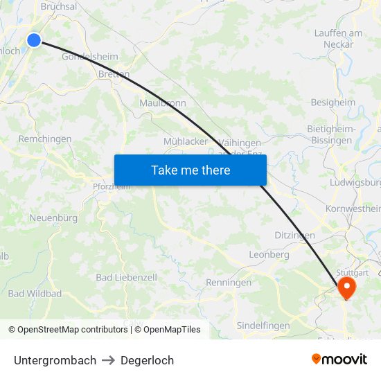Untergrombach to Degerloch map
