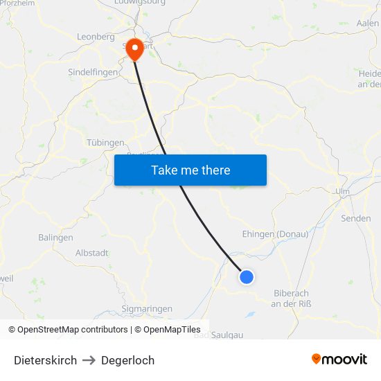 Dieterskirch to Degerloch map