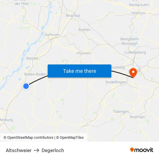 Altschweier to Degerloch map