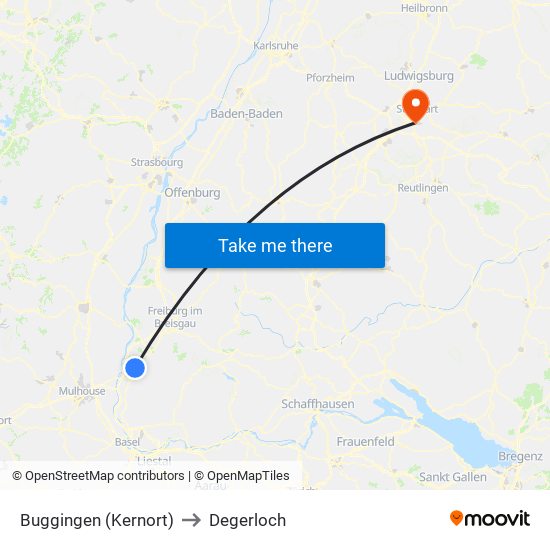Buggingen (Kernort) to Degerloch map