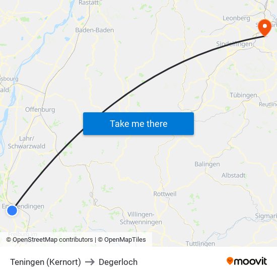 Teningen (Kernort) to Degerloch map
