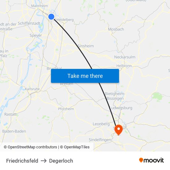 Friedrichsfeld to Degerloch map