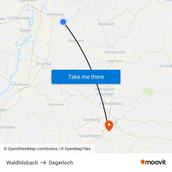 Waldhilsbach to Degerloch map