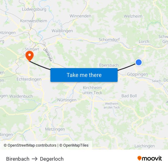 Birenbach to Degerloch map