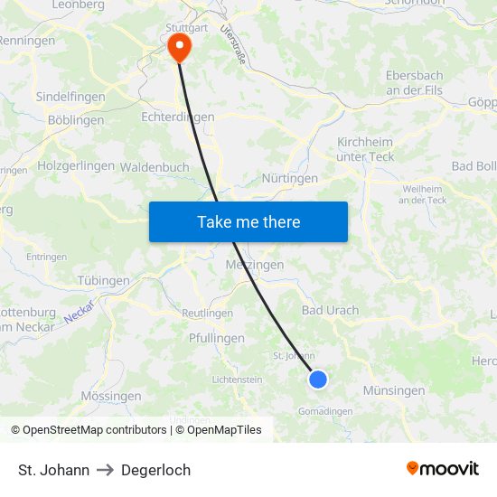 St. Johann to Degerloch map