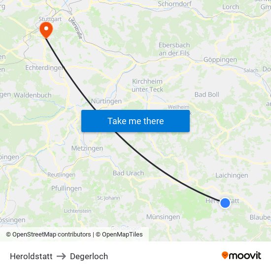Heroldstatt to Degerloch map